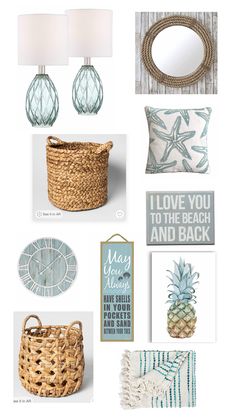 a collage of beach themed items including a basket, mirror and other things on display