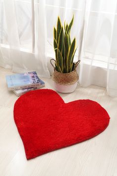 a red heart shaped rug next to a potted plant