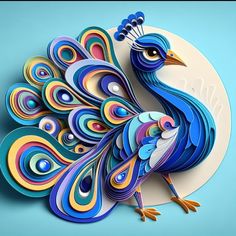 a colorful paper cut peacock sitting on top of a white plate next to a blue background