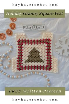 a crochet pattern for a holiday granny's square vest with fruit and snowflakes around it