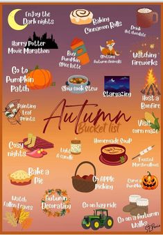 an autumn bucket list with pumpkins, pies and other things to eat on it