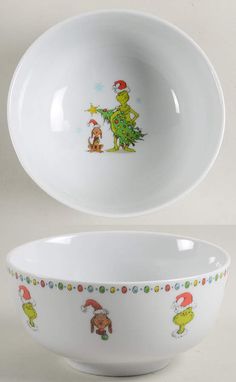 a bowl with an image of the grin on it and another bowl that has christmas decorations