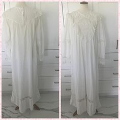 Rare Victorian/Edwardian period long nightgown. Has beautiful lace inserts. Embroidered bodice. Gown is an off white and not pure white shade. 3 small buttons for closure. Top button looks like it had been replaced. Same size as other but a different button than the other two. Condition: very good for the age. It has a faint small pale yellow stain as you can view in the closeup photo. Not obvious. Gown has been laundered and ready to wear. Measures:  Bust: laid flat and doubled: 46" Sleeves: 26" Hips" 60" Length: 56" Please let me know if you need more information before making a purchase. Thank you. RR Floor-length Wedding Nightgown With Lace Trim, White Nightgown With Built-in Bra, White Fitted Vintage Nightgown, Edwardian Nightgown, Cottagecore White Nightgown With Lace Trim, Vintage Cream Nightgown, Victorian Nightgown, Long Nightgown, Closeup Photo