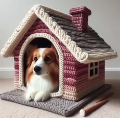 a dog is sitting in a crocheted dog house