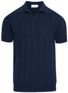 Navy Ribbed Cotton Top, Classic Navy Knit Tops, Classic Blue Tops With Ribbed Collar, Classic Blue Top With Ribbed Collar, Navy Cotton Textured Knit Top, Navy Textured Knit Cotton Top, Blue Short Sleeve Cotton Polo Sweater, Fitted Navy Polo Sweater With Ribbed Collar, Blue Collared Knit Sweater