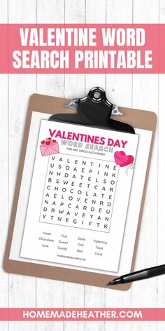 valentine's day word search printable on a clipboard