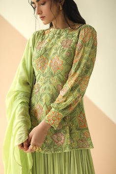 Buy Ease Green Pure Crepe Embroidered Kurta Sharara Set Online | Aza Fashions Kurta Sharara Set, Kurta Sharara, Salwar Kamiz, Dress Design Patterns, Sleeves Designs For Dresses