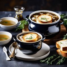 two bowls filled with soup on top of a table next to bread and spoons