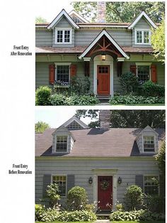 two pictures of the same house with red doors and windows, one has an orange front door