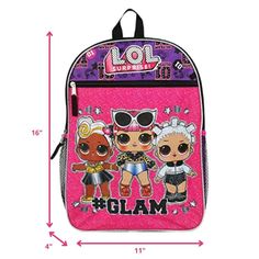 Perfect for girls ages 3+ in grades 2 to 5, this pink and purple LOL backpack set (11 x 4 x 16 in.) comes w/ a BPA free water bottle, an LOL pencil holder, an LOL lunch bag + a clip. It holds everything she needs for school without being too big for her shoulders. Attach the soft lunch bag (7 x 4 x 9.5 in.) with the included clip for hands free travel. Make school more fun with the familiar comfort of her favorite characters! The main compartment of the backpack fits folders, binders, notebooks, Senior Backpacks, Back Too School, Needs For School, Soft Lunch, Backpack Fits, Essentials Set, Commuter Backpack, Adventure Backpack, Backpack Set