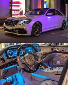 the inside and outside view of a mercedes benz s - class car, with its interior lights on