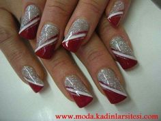 Christmas Nails With White Tips, Red Nail Art Elegant, Red Nails With Silver Glitter, Pretty Wedding Nails, Black And Red Valentines Nails, Elegant Christmas Nails Classy, Red And Silver Nail Designs, Christmas Nails Elegant, Red And Silver Nails