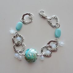 Aqua Bead Bracelet-Silver Linked Bracelet-Beach-Glass Bead Elegant Turquoise Bracelets For Beach, Turquoise Faceted Beads Bracelets For Beach, Bohemian Silver Charm Bracelet For Beach, Silver Bohemian Charm Bracelet For Beach, Adjustable Turquoise Metal Charm Bracelet, Turquoise Beaded Charm Bracelet With Round Beads, Czech Glass Beaded Chain Jewelry For Beach, Silver Beaded Jewelry For Beach, Turquoise Bracelet With Silver Beads