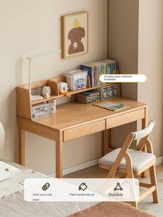 a small wooden desk with a chair and bookshelf next to it in a bedroom