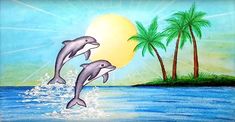 two dolphins jumping out of the water with palm trees in the background and an island behind them