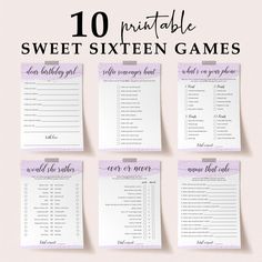 the top ten printable sweet sixteen games are on display in front of a pink background