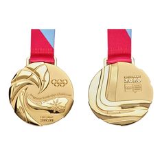 two gold medals with red ribbons on them