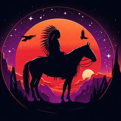 the silhouette of a native american man on a horse in front of an orange and purple sunset