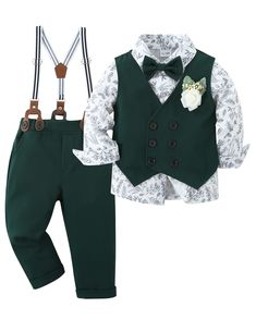 PRICES MAY VARY. Package Include: 1x Dress shirt with bow-tie + 1x Vest + 1x Boutonniere + 1x Detachable Suspender pants. Material: Baby Boys Vest Suits Set is made of high quality cotton blend, soft, comfortable and breathable, take care of baby's skin. Practical design: Toddler Boys Formal Suit is designed for the little gentleman, double-breasted vest with beautiful boutonniere can add more event atmosphere, you can match your boy with the most shining effect. Occasions: Toddler Gentleman Out Toddler Wedding Outfit Boy, Toddler Boy Dress Clothes, Baby Boy Dress Clothes, Formal Dress Shirt, Baby Boy Vest, Gentleman Outfit, Formal Shirt Dress, Baby Boy Dress