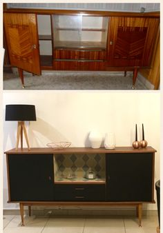 the sideboard is made out of wood and has two lamps on each side table