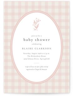 a pink and white gingham checkered baby shower card with an oval frame