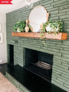 a brick fireplace with potted plants on top and a mirror above the fire place