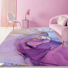 a living room with pink walls and purple rugs on the floor in front of a couch