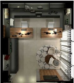 an overhead view of a living room and dining area in a small apartment with white tile flooring