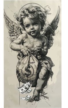 a black and white drawing of an angel holding a bag with money in it's hands