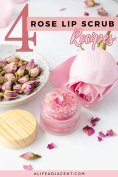 4 rose lip scrub recipes. DIY rose lip scrub close up surrounded by decorative pink rose petals and a real pink rose. Get Soft Lips, Make Lip Scrub, Easy Diy Lip Scrub, Rose Lip Scrub, Homemade Lip Scrubs, Home Easy Diy, Sugar Scrub Homemade Recipe, Healing Lip Balm, Homemade Body Lotion