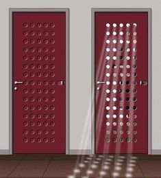 two red doors with circles on them in an empty room next to a tiled floor