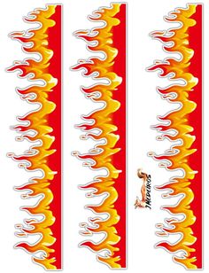 two red and yellow striped stickers with flames on them