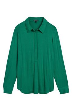 A polo-style collar adds a sporty touch to this popover shirt made from soft jersey so your every move flows effortlessly. 26" length Hidden-button half placket Point collar Long sleeves 95% rayon, 5% elastane Machine wash, dry flat Imported Casual Long Sleeve Polo Shirt, Spring Polo Collar Top With Button Closure, Classic Green Johnny Collar Tops, Fall Polo Collar Top With Button Closure, Fall Polo Collar Shirt For Workwear, Polo Collar Top With Button Closure, Polo Collar Shirt For Workwear In Fall, Fall Workwear Shirt With Polo Collar, Workwear Polo Collar Shirt With Placket