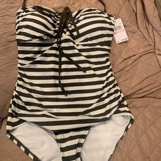 New With Tags Michael Kors Bathing Suit Size 10 Olive Green And White Stripe Can Be Strapless As Well Casual Striped Fitted Tankini, Michael Kors Beachwear Swimwear For Summer, Michael Kors Summer Beachwear Swimwear, Michael Kors Summer Beachwear, Striped Sleeveless Lined Swimwear, Sleeveless Striped Lined Swimwear, Michael Kors Swimwear For The Beach, Michael Kors Swimwear For Beach, Casual Striped Tankini For Spring