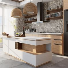 a modern kitchen with wooden cabinets and white counter tops, an island in the middle