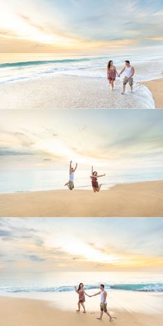 three people are running on the beach with their arms in the air and holding hands