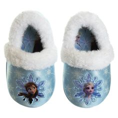 a pair of frozen princess slippers with snowflakes on them