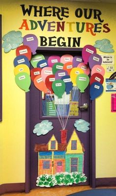 there is a door decorated with balloons and the words where our adventure begins, begin