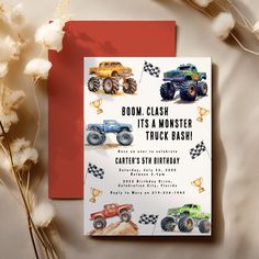 a birthday card with monster trucks on it