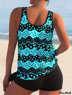 Olivia Mark - Womens Plus Size Modest Tankini Set, Featuring Polka Dot Print Round Neck Contrast Mesh Tank Top and Shorts Swimsuit - 2 Piece Ensemble Polka Dot Tankini For Summer Vacation, Casual Sleeveless Swimwear With Polka Dot Pattern, Casual Polka Dot Swimwear For Summer, Casual Sleeveless Polka Dot Swimwear, Polka Dot Sleeveless Tankini For Summer, Sleeveless Polka Dot Tankini For Summer, Polka Dot Sleeveless Summer Tankini, Summer Sleeveless Polka Dot Tankini, Plus Size Modest