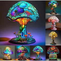 several different types of lamps that are lit up and turned on with colorful lights in them