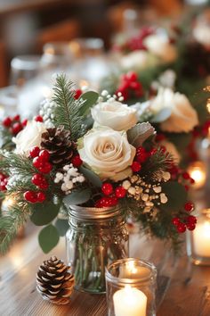 a table with candles, flowers and pineconis on it is decorated for christmas