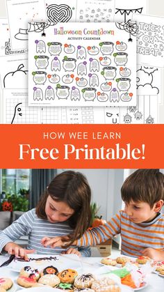 two children making halloween cookies with the text how we learn free printables on them