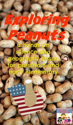 a pile of peanuts with the words exploring peanuts on it and an american flag pin