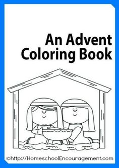 an adult coloring book with two women sitting in a manger, and the title