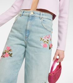 Embroidered High Rise Straight Jeans in Blue - Blumarine | Mytheresa Embroidered Wide Leg Flare Jeans For Spring, Spring Embroidered Wide Leg Flare Jeans, High Waist Floral Embroidery Jeans For Spring, Trendy Embroidered Straight Leg Pants, Trendy Straight Leg Pants With Floral Embroidery, Spring Floral Embroidered Straight Leg Jeans, Spring Floral Embroidery Wide Leg Flare Jeans, High Rise Floral Embroidered Jeans, High Rise Jeans With Floral Embroidery