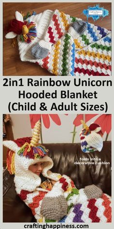 the crocheted blanket is made with two rainbow unicorns and one has a hat on