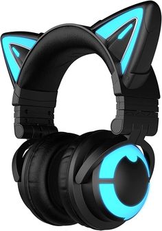 a pair of headphones with glowing blue lights on the top and black cat ears