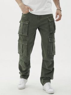 Men Casual Washed Denim Cargo Pants Army Green    Denim Plain Straight Leg Non-Stretch  Men Clothing, size features are:Bust: ,Length: ,Sleeve Length: Style Camo Pants, Bell Bottoms Outfit, Cargo Hose, Denim Cargo Pants, Shapewear Tops, Denim Cargo, Boys Denim, Camo Pants, Mode Casual