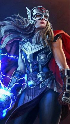 a woman dressed as thor with lightning in her hand